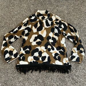 Tyler Boe Fringed Cotton Cashmere Animal Print Sweater Size Large